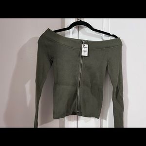 off the shoulder zip up sweater